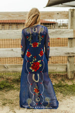 Load image into Gallery viewer, Plus Denim Blue Floral Spur Mesh Button Down Maxi Duster: 3XL