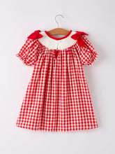 Load image into Gallery viewer, Red Cherry Bow Plaid Smocking Embroidery Girls'  Dress
