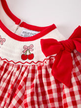 Load image into Gallery viewer, Red Cherry Bow Plaid Smocking Embroidery Girls'  Dress
