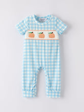 Load image into Gallery viewer, Fall Halloween &amp; Thanksgiving Boys Pumpkin Embroidery Smocking Blue Plaid Romper