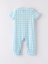 Load image into Gallery viewer, Fall Halloween &amp; Thanksgiving Boys Pumpkin Embroidery Smocking Blue Plaid Romper