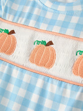 Load image into Gallery viewer, Fall Halloween &amp; Thanksgiving Boys Pumpkin Embroidery Smocking Blue Plaid Romper