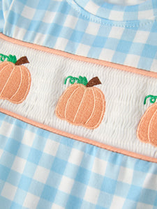 Fall Halloween & Thanksgiving Boys Pumpkin Embroidery Smocking Blue Plaid Romper