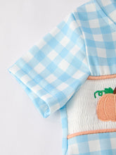 Load image into Gallery viewer, Fall Halloween &amp; Thanksgiving Boys Pumpkin Embroidery Smocking Blue Plaid Romper