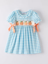 Load image into Gallery viewer, Fall Halloween &amp; Thanksgiving Pumpkin Embroidery Smocking Blue Plaid Dress