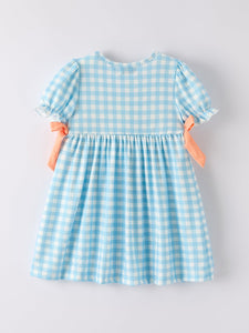 Fall Halloween & Thanksgiving Pumpkin Embroidery Smocking Blue Plaid Dress