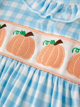 Load image into Gallery viewer, Fall Halloween &amp; Thanksgiving Pumpkin Embroidery Smocking Blue Plaid Dress