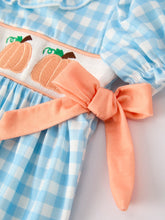 Load image into Gallery viewer, Fall Halloween &amp; Thanksgiving Pumpkin Embroidery Smocking Blue Plaid Dress