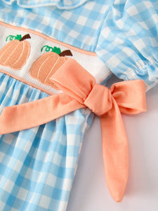 Fall Halloween & Thanksgiving Pumpkin Embroidery Smocking Blue Plaid Dress