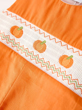 Load image into Gallery viewer, Fall Thanksgiving&amp;Halloween Orange Pumpkin Smock Embroidery Baby Boy Romper