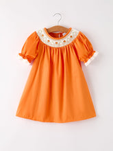 Load image into Gallery viewer, Fall Thanksgiving&amp;Halloween Orange Pumpkin Smock Embroidery Lace Baby Girl Dress