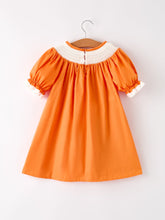 Load image into Gallery viewer, Fall Thanksgiving&amp;Halloween Orange Pumpkin Smock Embroidery Lace Baby Girl Dress