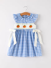 Load image into Gallery viewer, Fall Thanksgiving&amp; Halloween Blue Pumpkin Smock Embroidery Baby Girl Dress