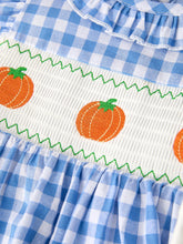 Load image into Gallery viewer, Fall Thanksgiving&amp; Halloween Blue Pumpkin Smock Embroidery Baby Girl Dress