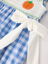 Load image into Gallery viewer, Fall Thanksgiving&amp; Halloween Blue Pumpkin Smock Embroidery Baby Girl Dress