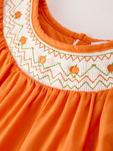 Load image into Gallery viewer, Fall Thanksgiving&amp;Halloween Orange Pumpkin Smock Embroidery Lace Baby Girl Dress