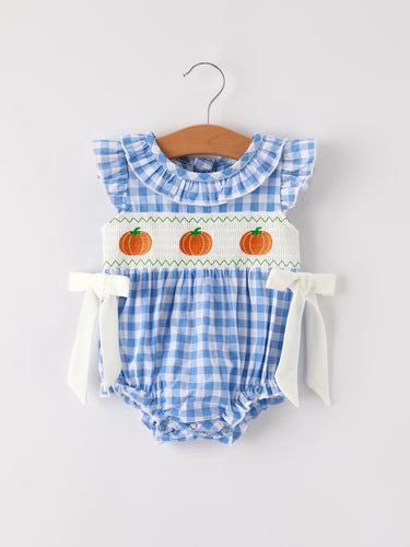 Fall Thanksgiving& Halloween Blue Pumpkin Smock Embroidery Baby Girl Romper