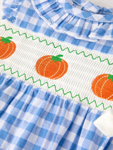 Load image into Gallery viewer, Fall Thanksgiving&amp; Halloween Blue Pumpkin Smock Embroidery Baby Girl Romper