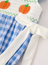 Load image into Gallery viewer, Fall Thanksgiving&amp; Halloween Blue Pumpkin Smock Embroidery Baby Girl Romper