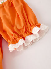 Load image into Gallery viewer, Fall Thanksgiving&amp;Halloween Orange Pumpkin Smock Embroidery Lace Baby Girl Dress