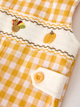 Load image into Gallery viewer, Autumn Thanksgiving Yellow Plaid Turkey Pumpkin Embroidery Smock Boys Romper
