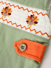 Load image into Gallery viewer, Fall Thanksgiving Chicken Smock Embroidered Green Boys Romper