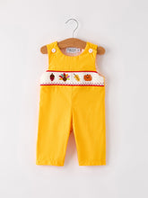 Load image into Gallery viewer, Fall Halloween &amp; Thanksgiving Turkey Nuts Smock Embroidered Yellow Boys Romper