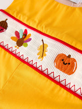 Load image into Gallery viewer, Fall Halloween &amp; Thanksgiving Turkey Nuts Smock Embroidered Yellow Boys Romper