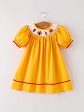 Load image into Gallery viewer, Fall Halloween &amp; Thanksgiving Turkey Nuts Smock Embroidered Yellow Girls Dress