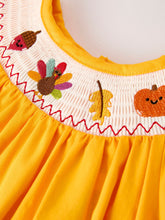 Load image into Gallery viewer, Fall Halloween &amp; Thanksgiving Turkey Nuts Smock Embroidered Yellow Girls Dress
