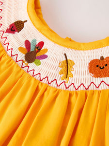 Fall Halloween & Thanksgiving Turkey Nuts Smock Embroidered Yellow Girls Dress