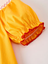 Load image into Gallery viewer, Fall Halloween &amp; Thanksgiving Turkey Nuts Smock Embroidered Yellow Girls Dress