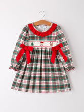 Load image into Gallery viewer, Christmas Embroidery Smocking Bow Plaid Girls Dress