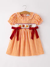 Load image into Gallery viewer, Fall Embroidered Dress for Girls – Orange Checkered with Halloween Details