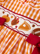 Load image into Gallery viewer, Fall Embroidered Dress for Girls – Orange Checkered with Halloween Details