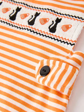 Load image into Gallery viewer, Halloween Striped Baby Boys Romper with Cat Smocking Embroidery –  Perfect for Fall