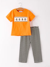 Load image into Gallery viewer, Halloween Striped Boy Set with Cat Smocking Embroidery –  Perfect for Fall