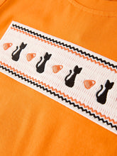 Load image into Gallery viewer, Halloween Striped Boy Set with Cat Smocking Embroidery –  Perfect for Fall