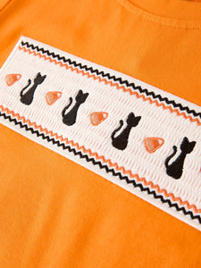 Halloween Striped Boy Set with Cat Smocking Embroidery –  Perfect for Fall
