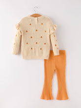 Load image into Gallery viewer, Fall Halloween &amp; Thanksgiving Girls Pumpkin Embroidered Sweater +Bell Bottom Pants Set