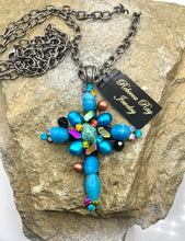Load image into Gallery viewer, Vintage Gemstone Cross Necklace, Blue