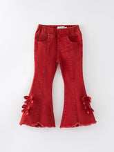 Load image into Gallery viewer, Girls Red Bow Flared Elastic Denim Pants