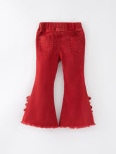 Load image into Gallery viewer, Girls Red Bow Flared Elastic Denim Pants