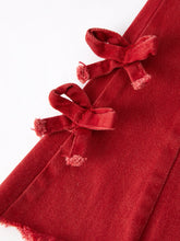 Load image into Gallery viewer, Girls Red Bow Flared Elastic Denim Pants