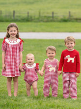 Load image into Gallery viewer, Valentine Red Plaid Boys Set with Applique Heart Dog Detail