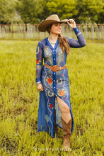 Load image into Gallery viewer, Plus Denim Blue Floral Spur Mesh Button Down Maxi Duster: XL