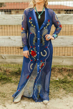 Load image into Gallery viewer, Plus Denim Blue Floral Spur Mesh Button Down Maxi Duster: 3XL