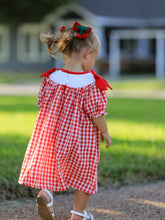 Load image into Gallery viewer, Red Cherry Bow Plaid Smocking Embroidery Girls'  Dress