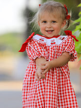 Load image into Gallery viewer, Red Cherry Bow Plaid Smocking Embroidery Girls'  Dress