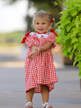 Load image into Gallery viewer, Red Cherry Bow Plaid Smocking Embroidery Girls'  Dress